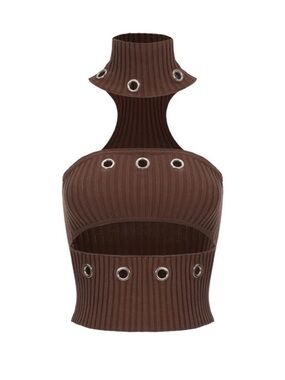 Ribbed Kript Grommet Halter Crop Top in Brown